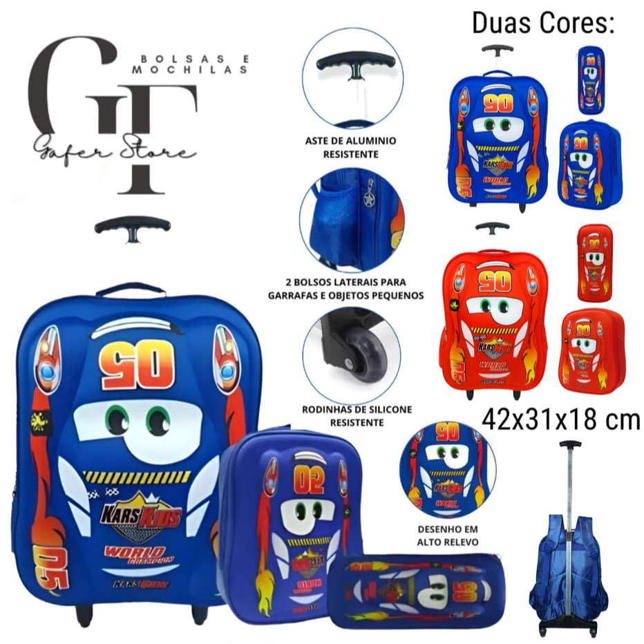 Kit Mochila Carros 3d Masculina Infantil Escolar Volta Aulas MC05005