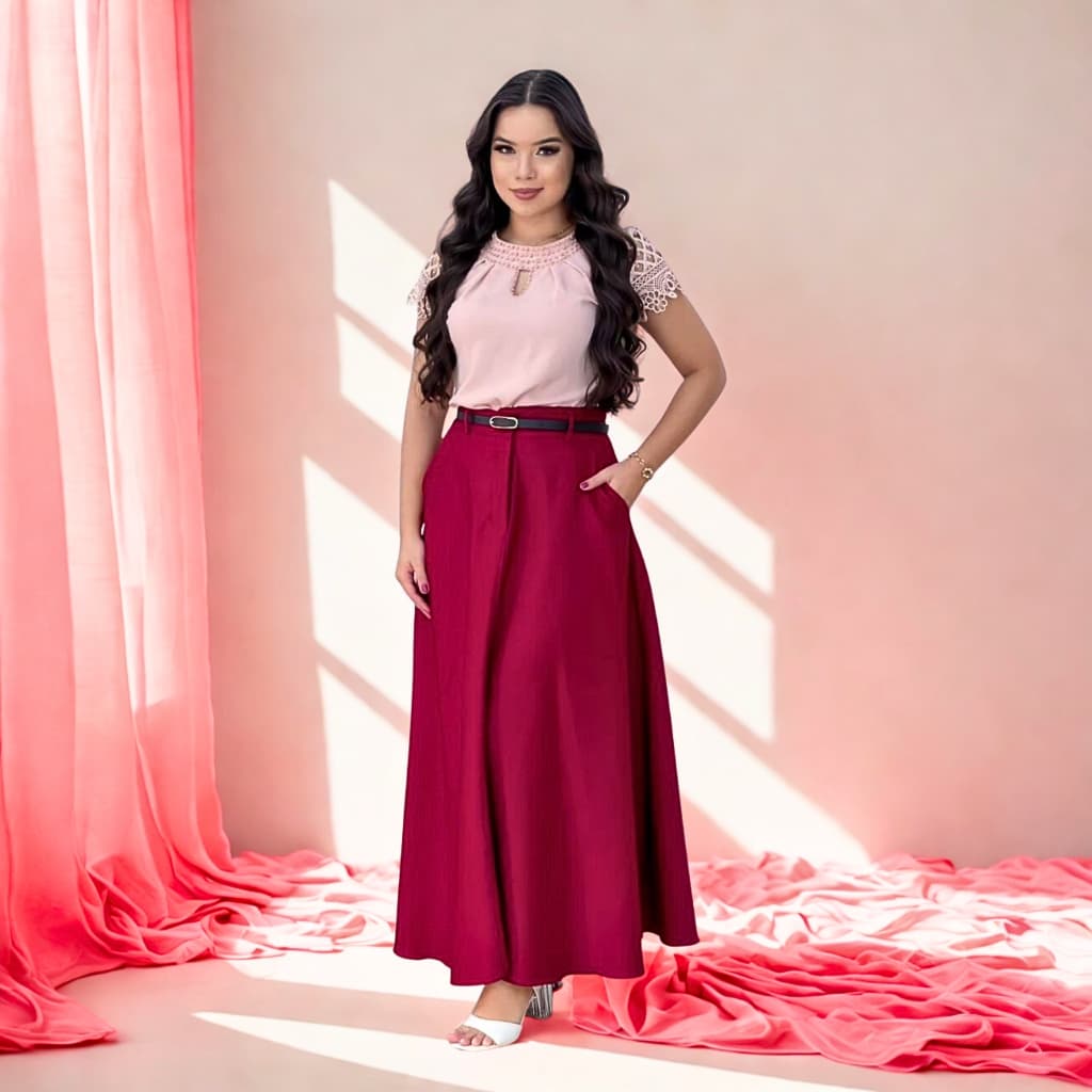 Saia Feminina de Alfaiataria Estilo Princesa com Cinto –Primeira Linha Acabamento de Qualidade