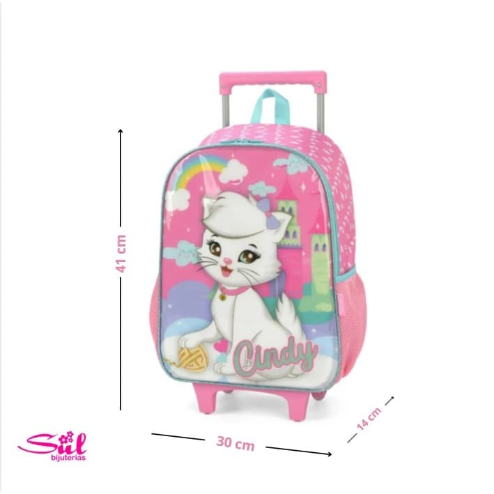 Mochila de Carrinho Gata Cindy Rosa Infantil Escolar com Rodinhas e Alça Retrátil – Perfeita para Volta às Aulas