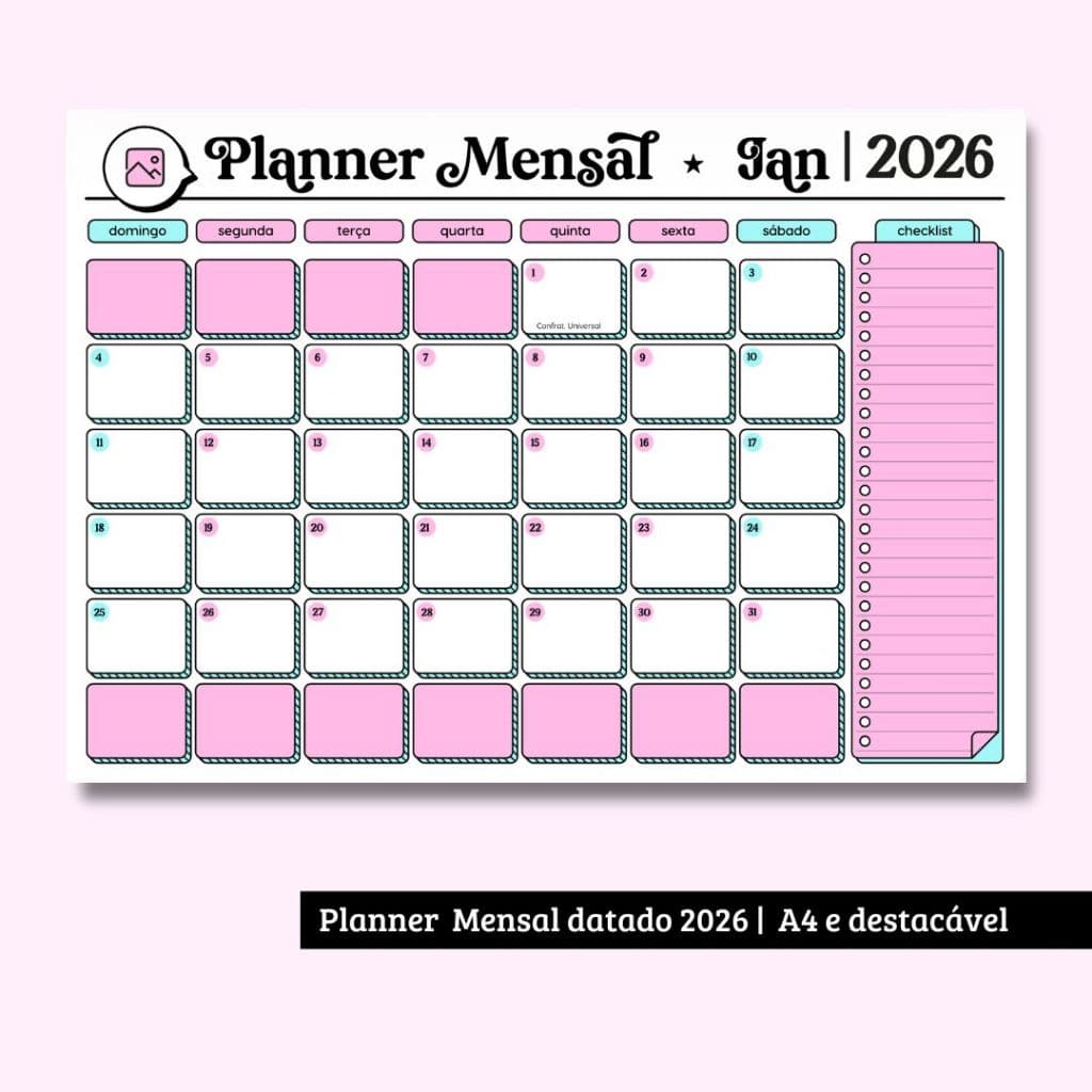 Planner de mesa Mensal Datado 2026 | Tamanho A4 e destacável