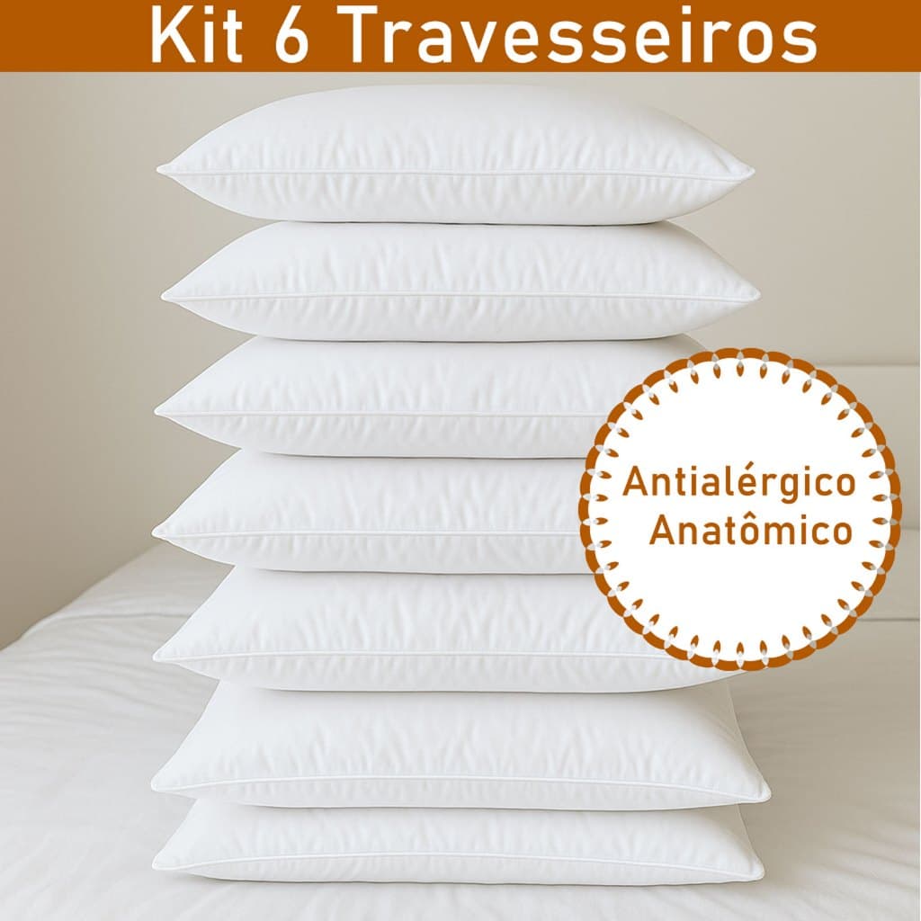 Kit 6 Travesseiros Pluma de Ganso 50x70 cm Macio Antialérgico e Anatômico