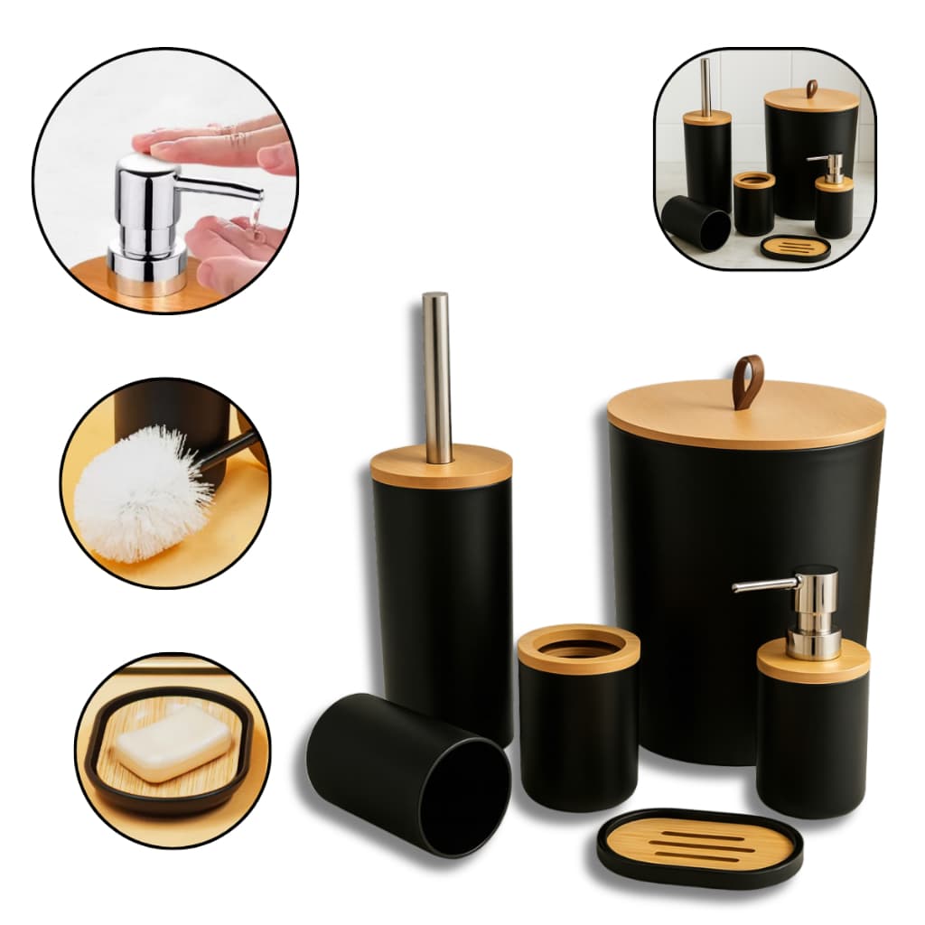 Kit Banheiro com Tampa de Bambu – Lixeira, Dispenser, Escova e Porta Escova Premium