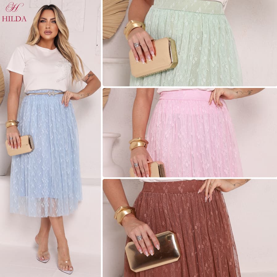 Saia Tule Midi Elegante Forrada Moda evangélica Fardamento Festividade Congresso