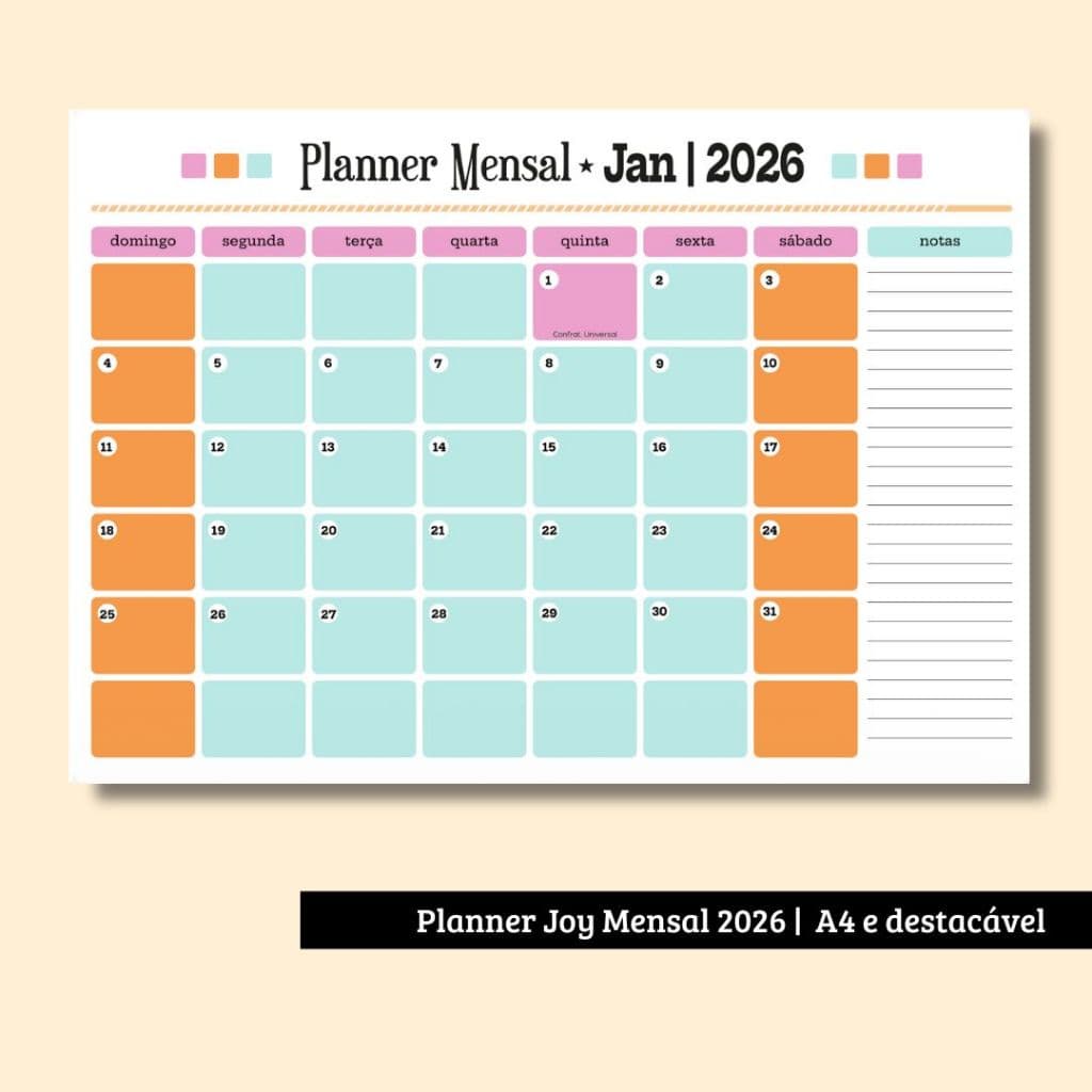 Joy | Planner Mensal datado 2026   | Tamanho A4 e destacável !