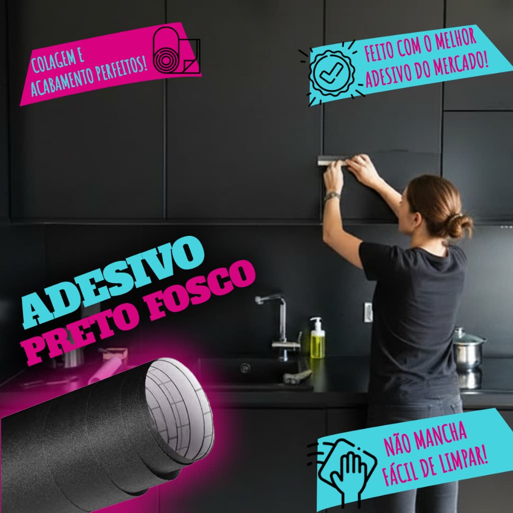 Adesivo Preto Fosco para Móveis, Parede, Geladeira e Eletrodomésticos LINDO