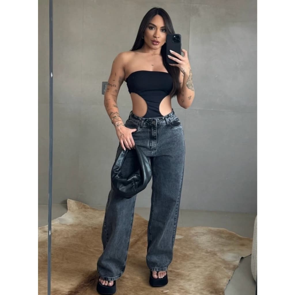 Calça Jeans Wide Leg Feminina Tecido Grosso Pantalona