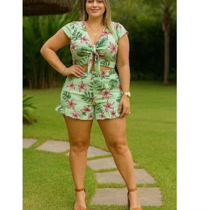 Conjunto feminino com bojo amarração removível no cropped babados no short de manguinha tecido grosso com Lycra estampad