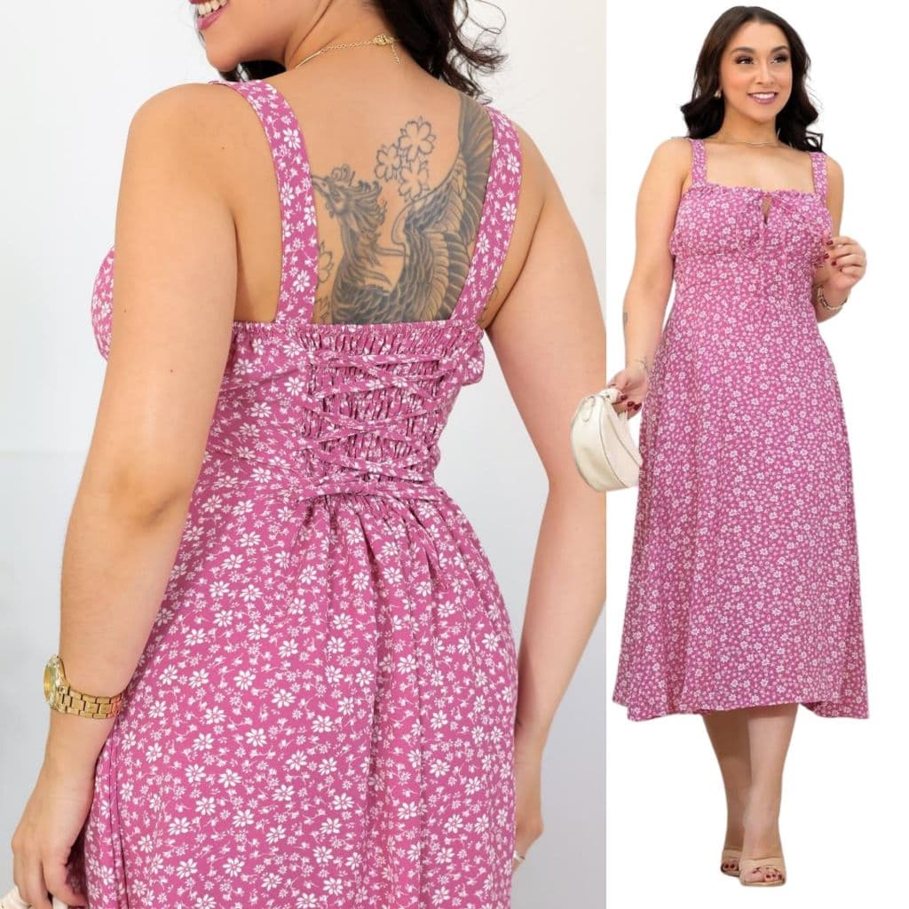 Vestido Feminino Midi Floral com Fenda Elegante Alça Larga Moda Femenina GG ao M