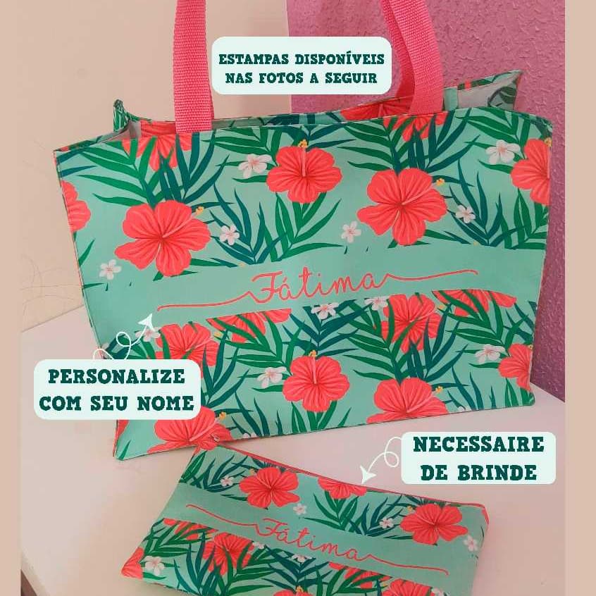 Bolsa praia de ombro grande personalizada com nome e necessaire como presente, moda, casual, verão