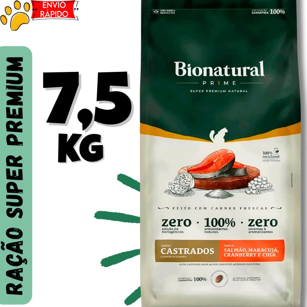 Ração Bionatural Gatos Castrados Salmão Ração Super Premium 7,5kg