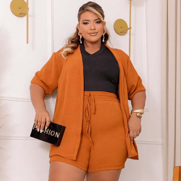 Conjunto Feminino Plus Size Crepe Dunas Kimono Cardigan E Short  Moda Casual GG ao XG