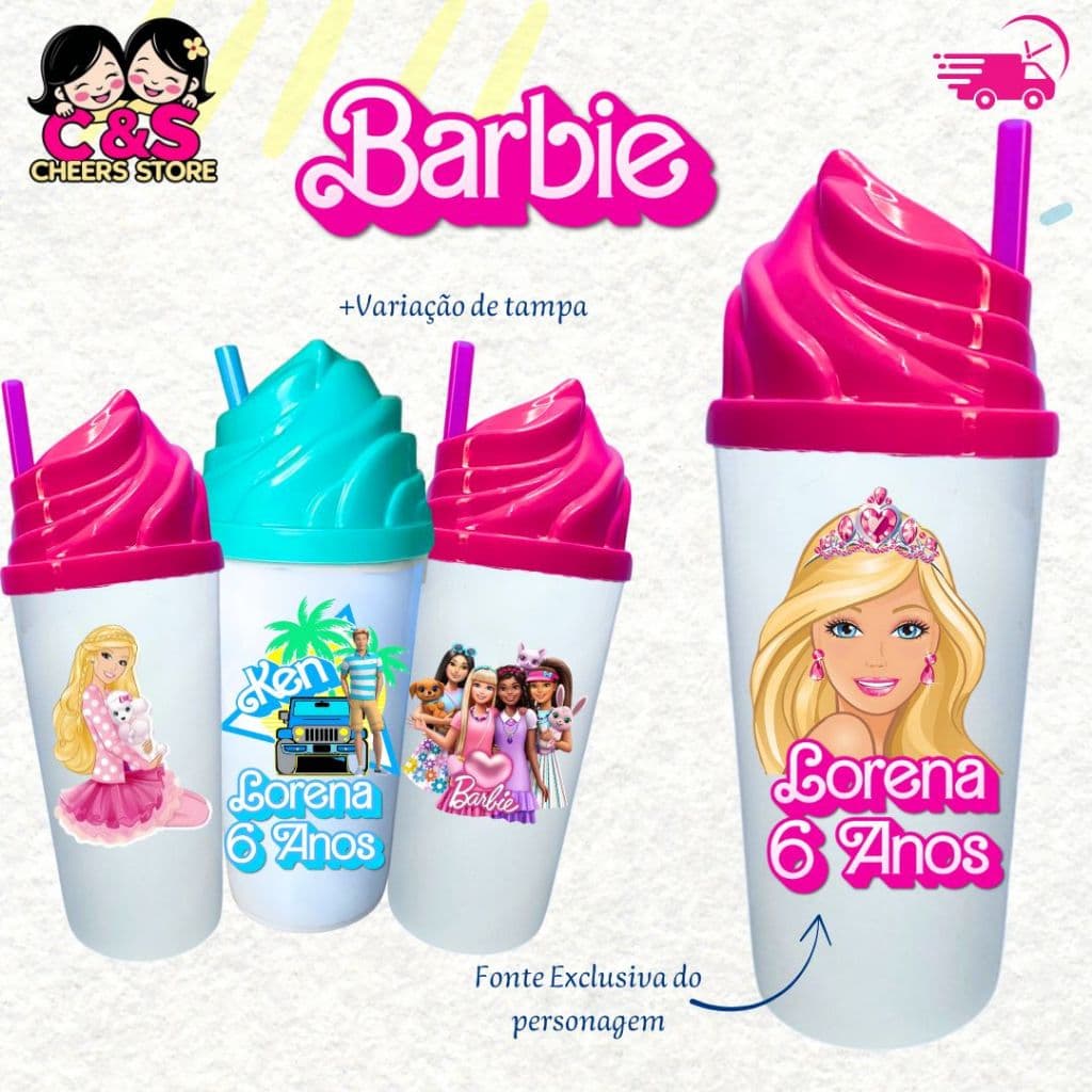 Kit de 5 copos  500ML- PERSONALIZADO BARBIE com tampa Chantilly e canudo FESTA , LEMBRANCINHA