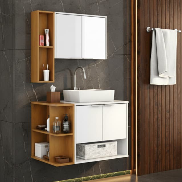 **QUEIMA DE ESTOQUE - OFERTAS** Gabinete Banheiro Ibiza com Cuba 2 Portas e Armário Espelheira - Cores - GAMA MÓVEIS