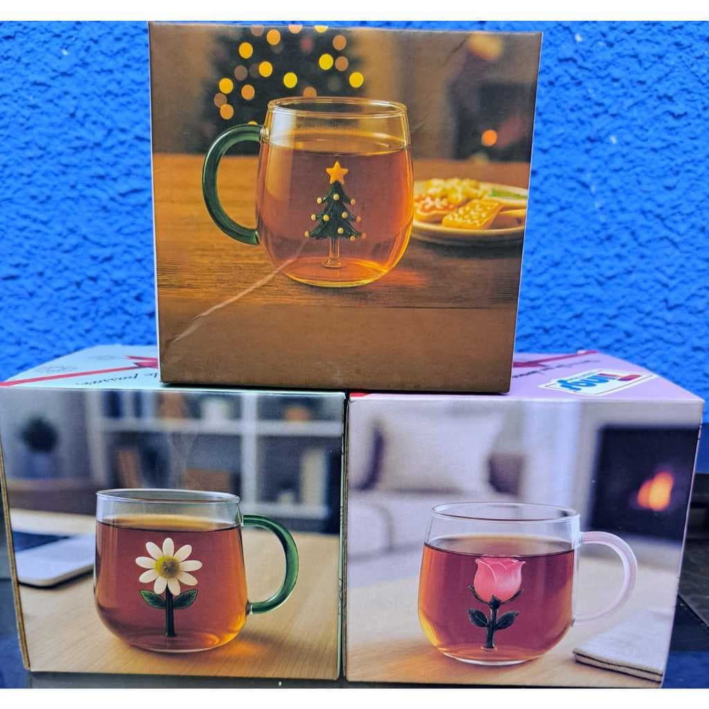 Caneca de vidro 3D Arvore de Natal , Girassol ou  Flor Rosa 400 ml xícara Chocolate Quente Chá Café