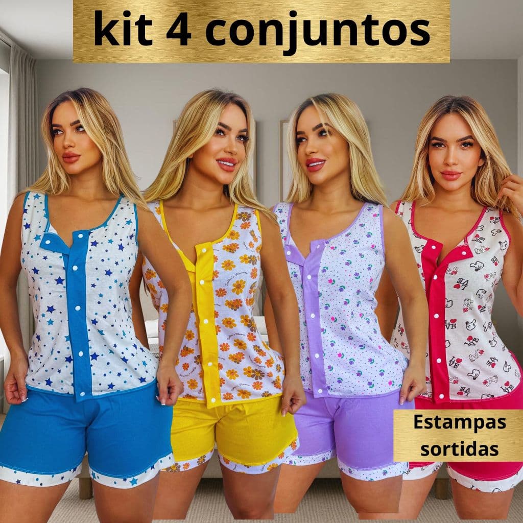 Kit Com 4 Conjunto De Pijamas Com Botao Malha} 100% Algodão Babydool Feminino Gestante Pos Cirurgico