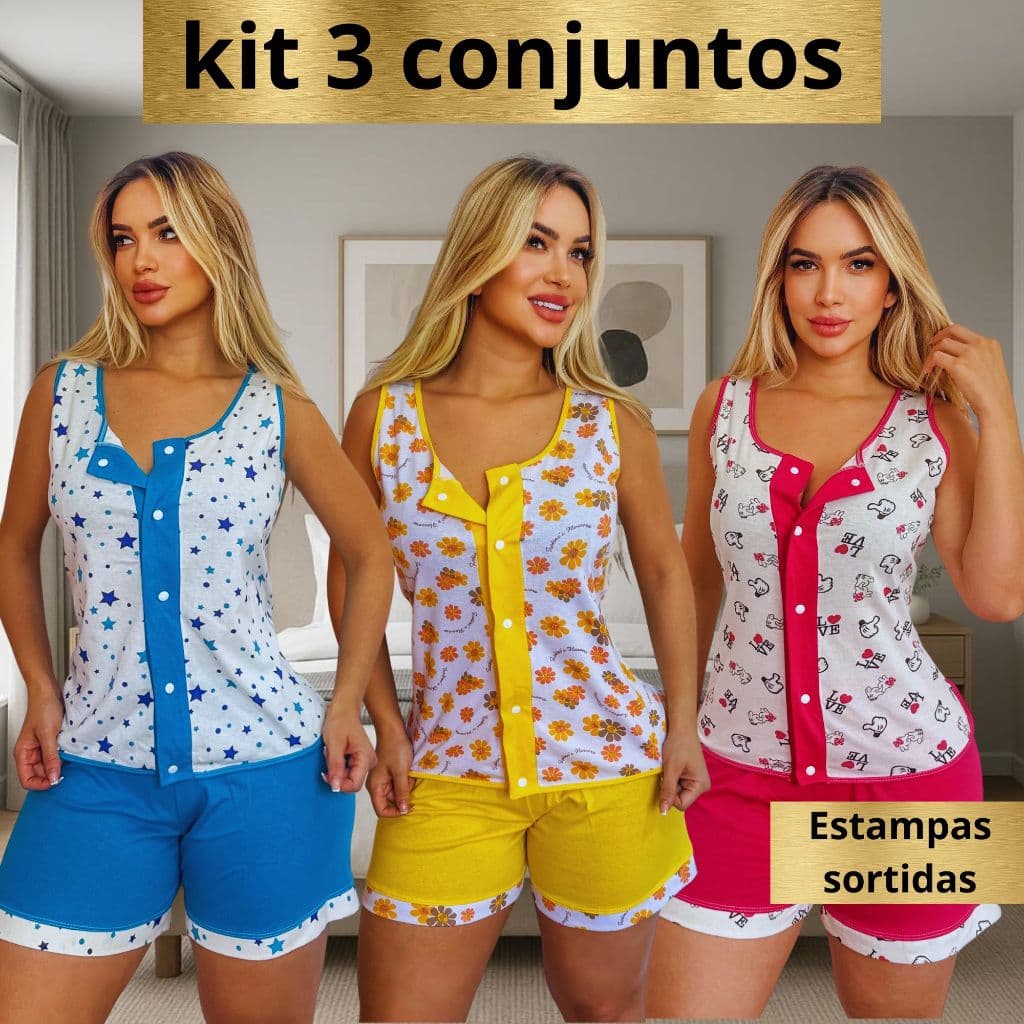 Kit Com 3 Conjunto De Pijamas Com Botao Malha} 100% Algodão Babydool Feminino Gestante Pos Cirurgico
