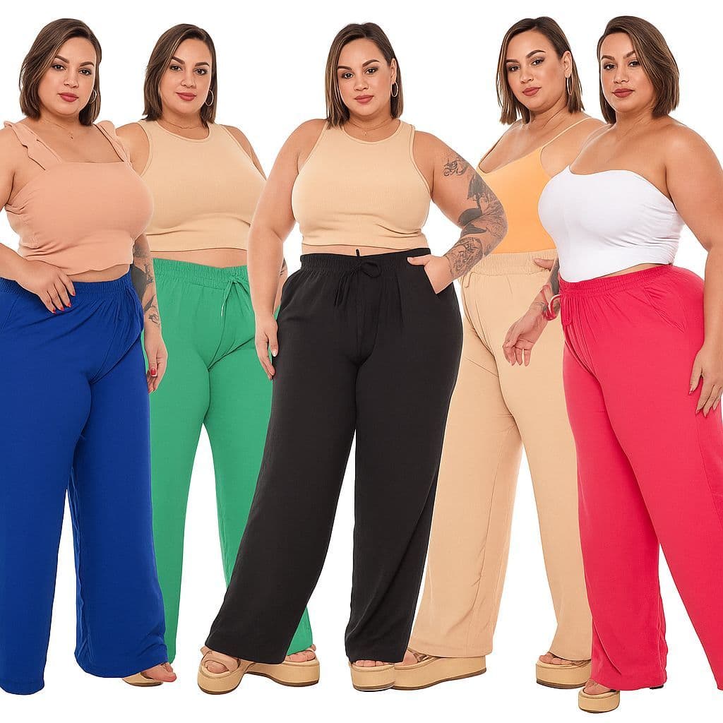 Calça Pantalona Feminina Plus Size Com Bolso E Cordão Moda Verão Com Elástico na Cintura Várias Cores Tamanho Grande