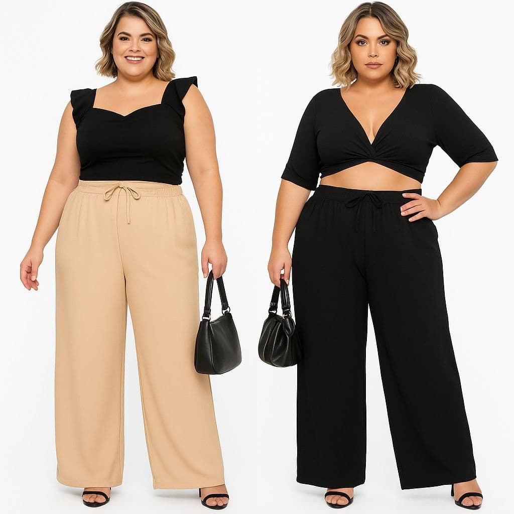 Calça Pantalona Plus Size De Tecido Premium Com Elástico e Cordão Tecido Sem Transparencia Premium Primavera Verao