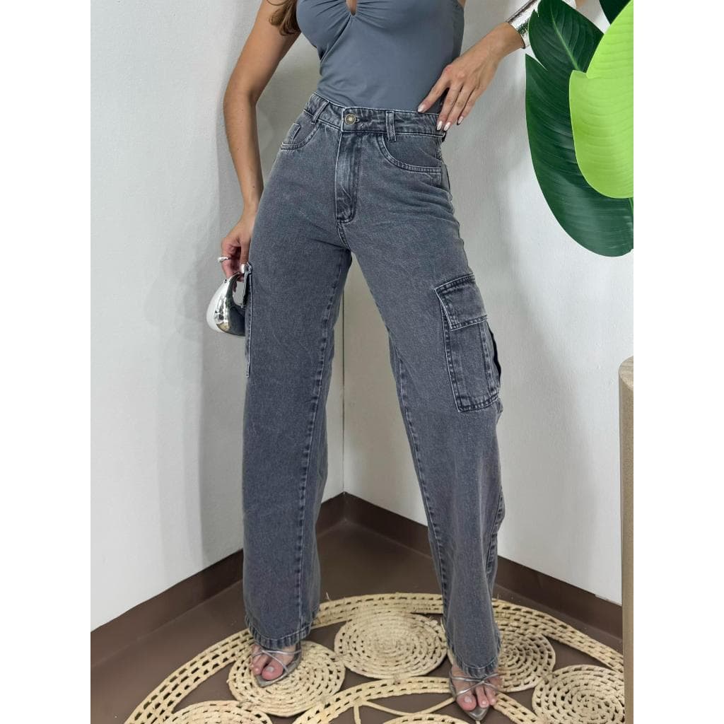ZHAN JEANS Calça Wide Leg Jeans Cargo Preta Grafite Feminina