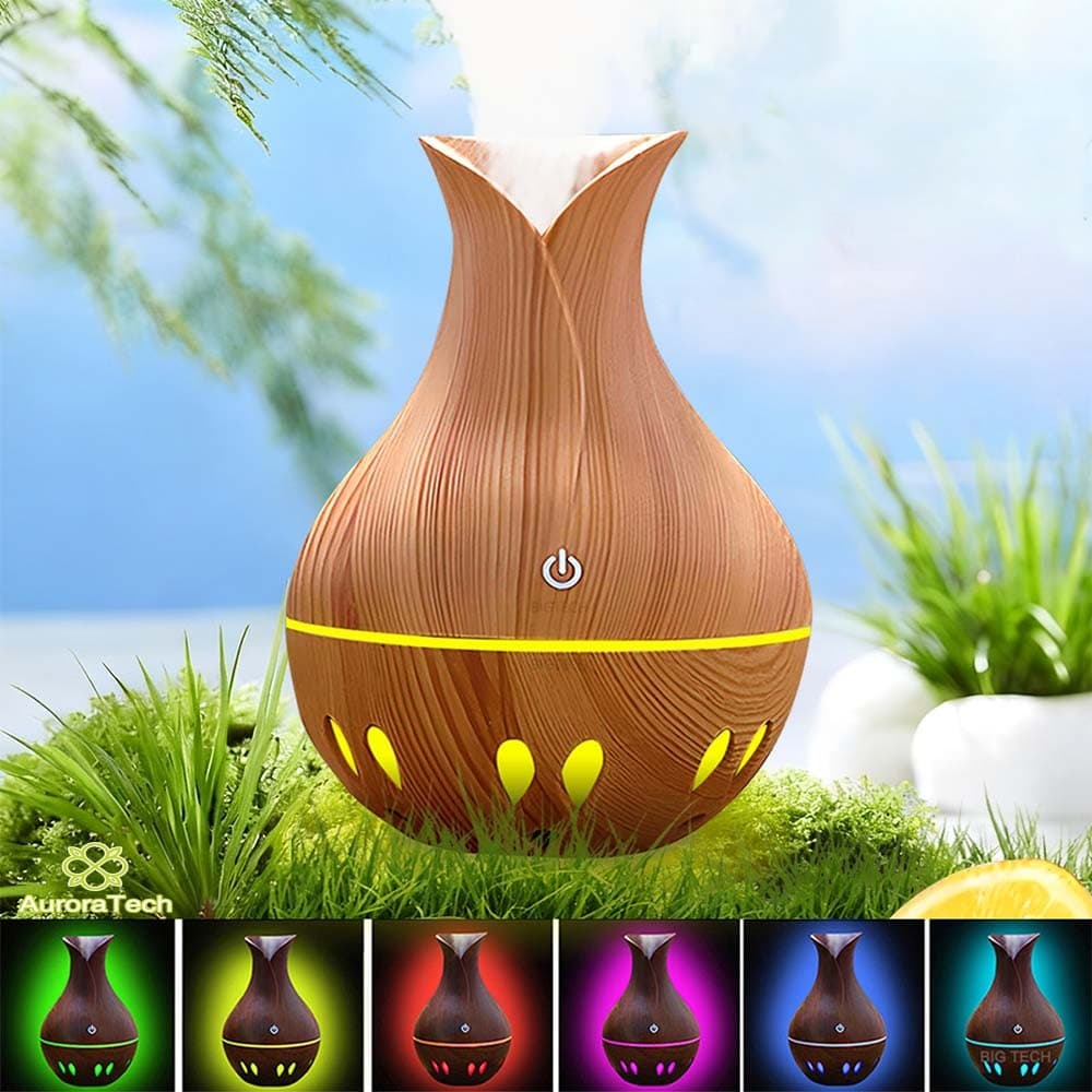 Humidificador De Ar Aroma USB Ultrassônico Difusor De Madeira Luz LED
