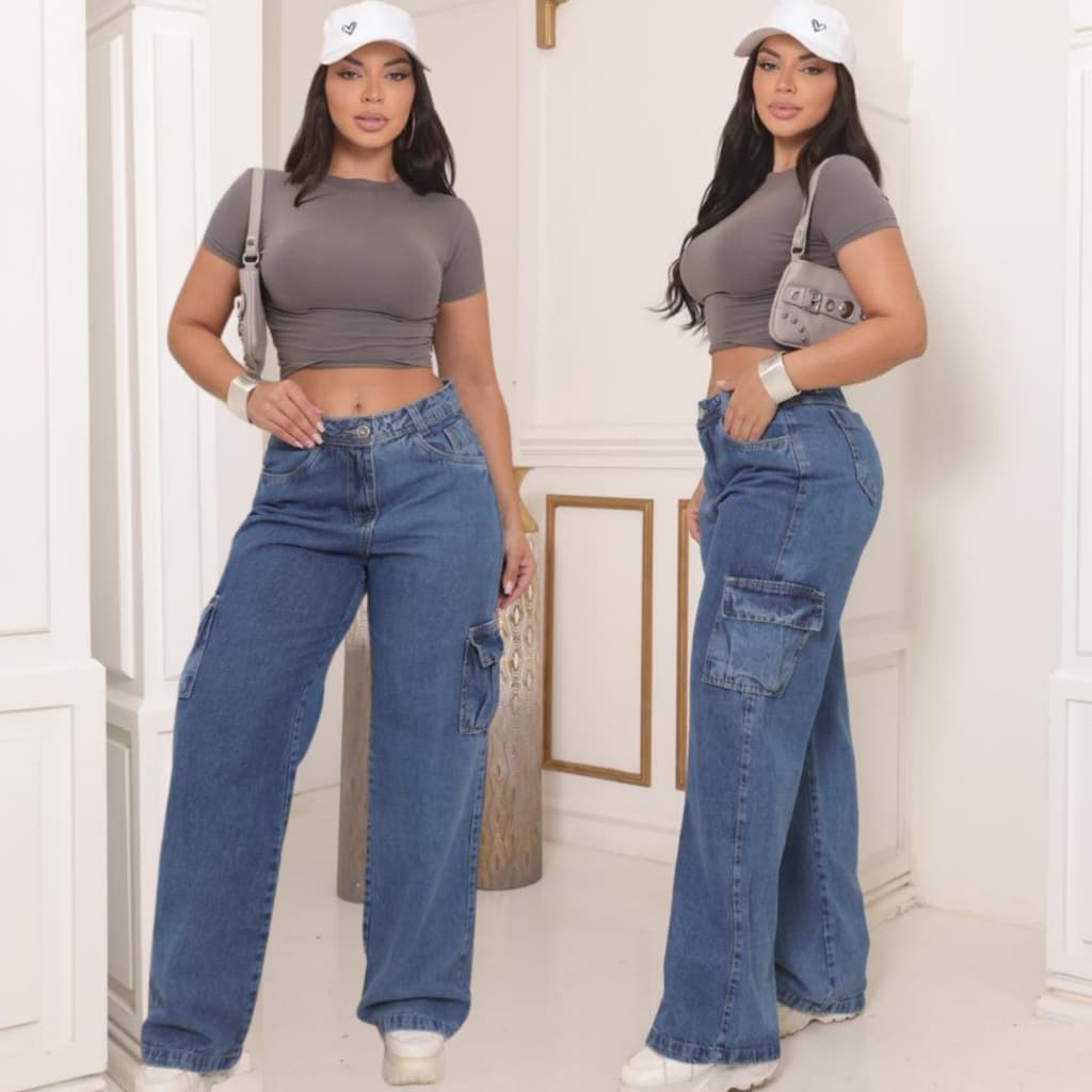 Calça Jeans Wide Leg Cargo Feminina Com Cintura Alta Tendência