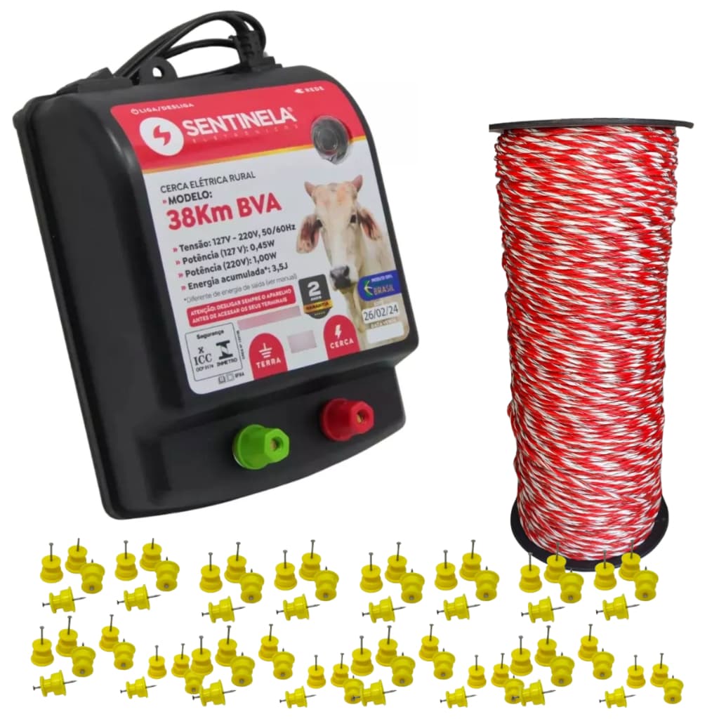 Kit Cerca Elétrica Sentinela 38km BVA + 1 Rolo fio 250mts Inox + 50 Isoladores