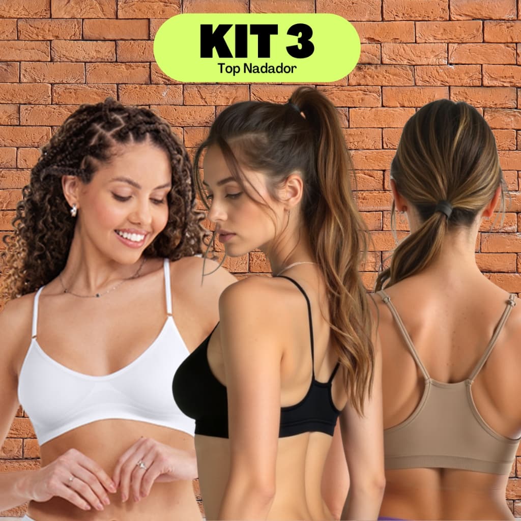 Kit 3 Sutiã Nadador Top Básico Regulável Sem Bojo Sem Aro Sem Costura Qualidade Zee Rucci Sutia