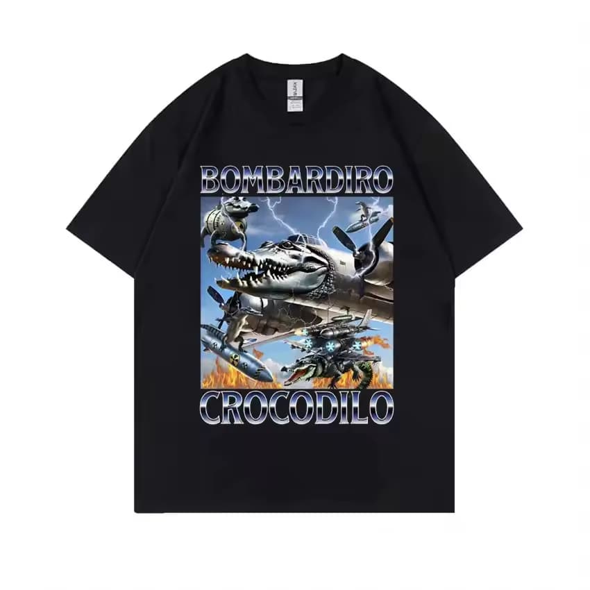 Camiseta Engraçada meme italiano brainrot bombardiro crocodilo avião bombardeiro Camisa 100% Algodão