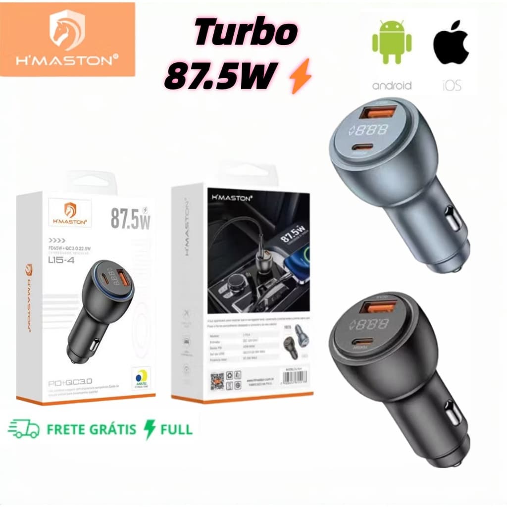 Carregador Veicular Turbo 87.5W USB e Tipo C Universal H'maston Original Novo Lançamento L15-4/5/6