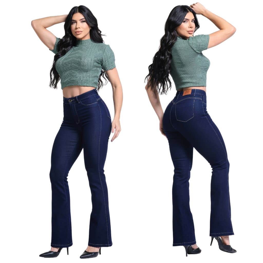 Calça Flare Jeans Feminina Cos Alto Com Elastano Cintura Alta Boca de Sino