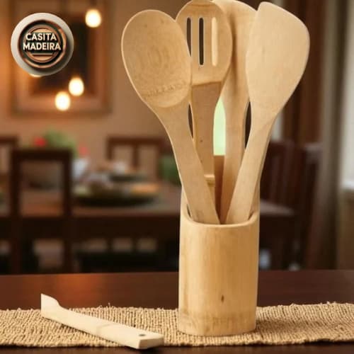Conjunto Kit 5 Utensílios de Madeira Bambu Espátula Colher Ecológico Cozinha Culinária