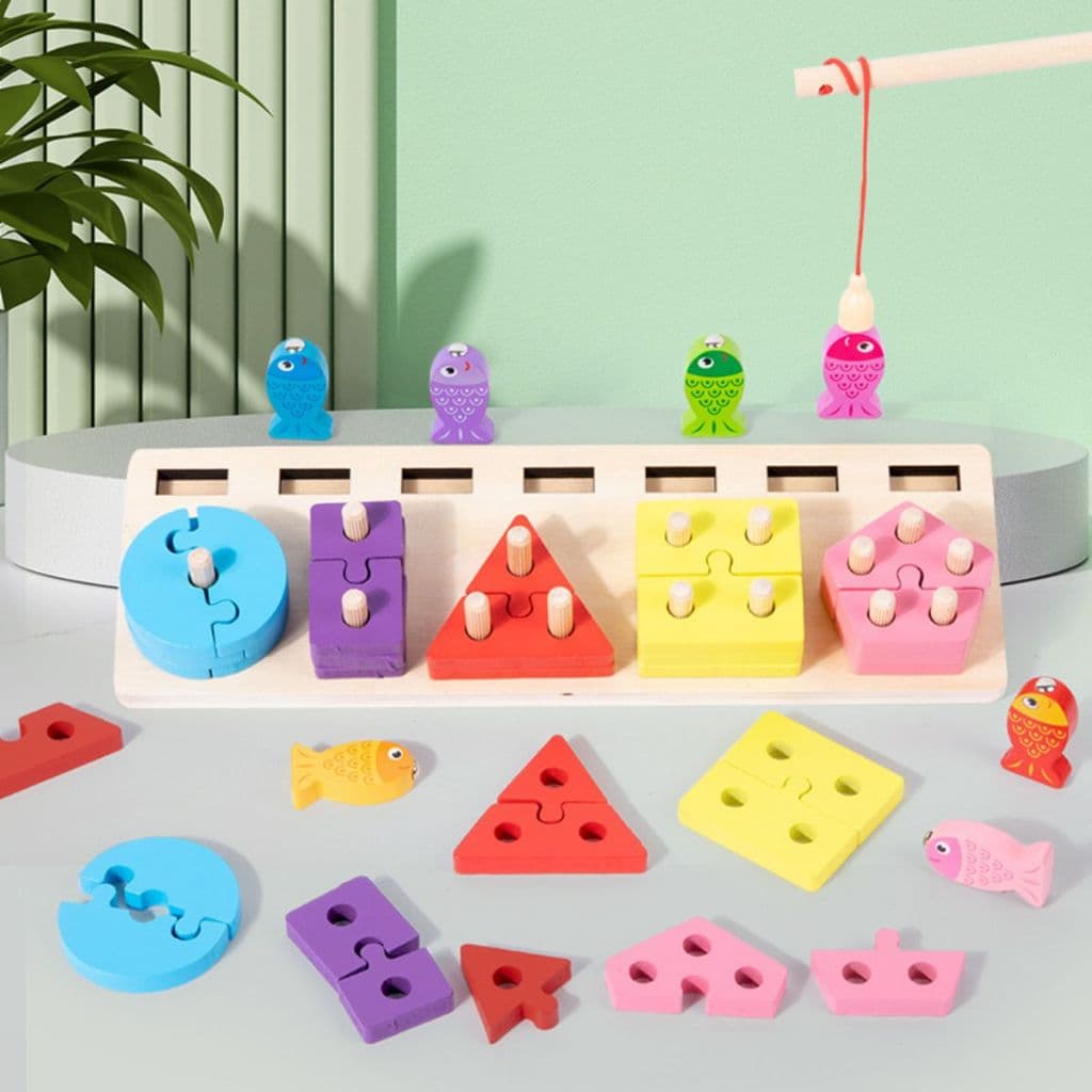 Jogo Montessori 2 em 1  Blocos de Construção Formas Geométricas e Pesca Magnética Quebra Cabeça