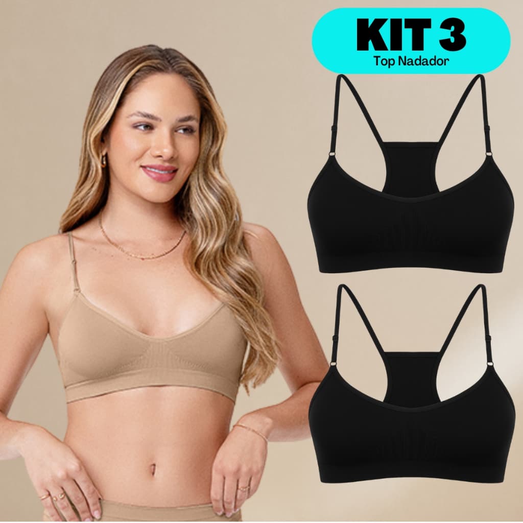 Kit 3 Tops Nadador Feminino Adulto Alça Regulavel Sem Bojo Sem Aro Sem Costura Sutiã Confortavel