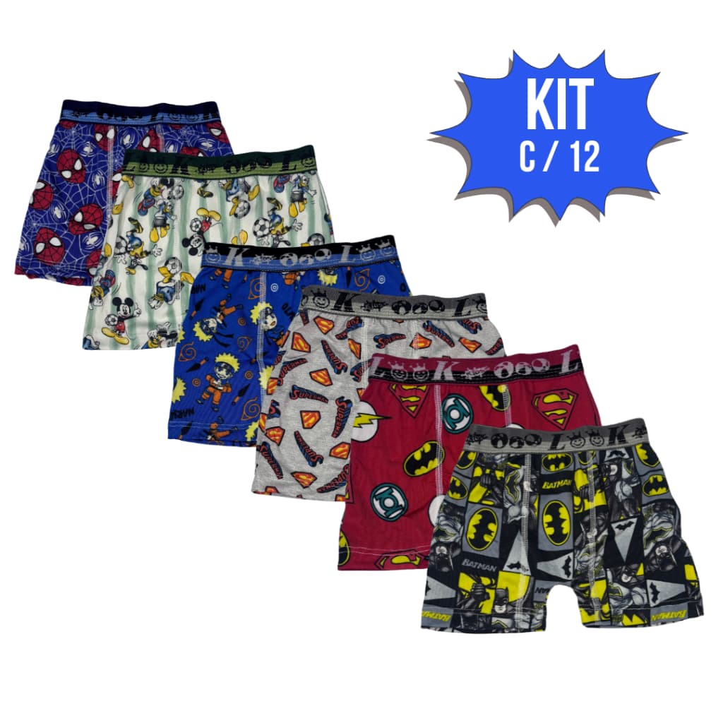 Kit 12 Cuecas Boxer Infantis Personagens Herois Variados De Microfibra Macia E Conforto