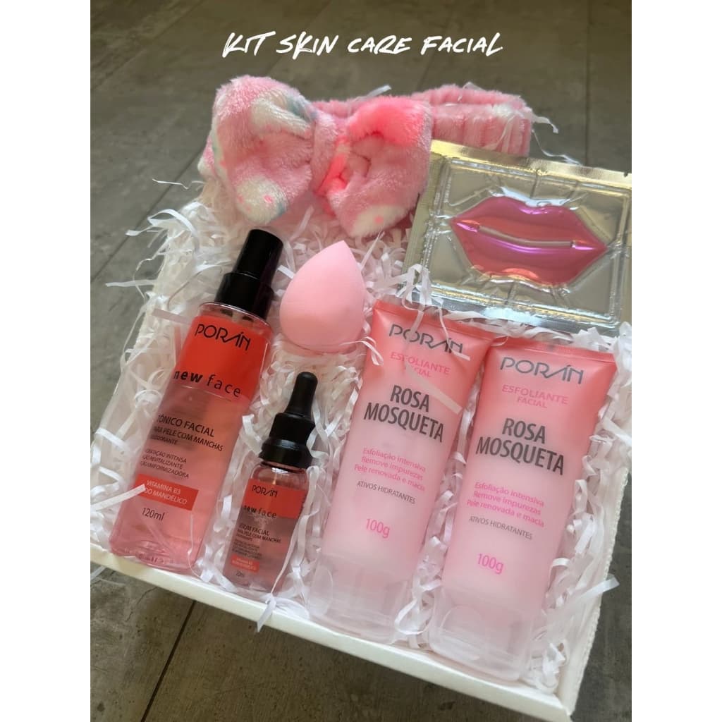 Kit Presente Skin Care Completo - Rosa Mosqueta Porán - Sabonete Esfoliante, Tônico, Máscara Labial, Sérun, Faixa Cabelo