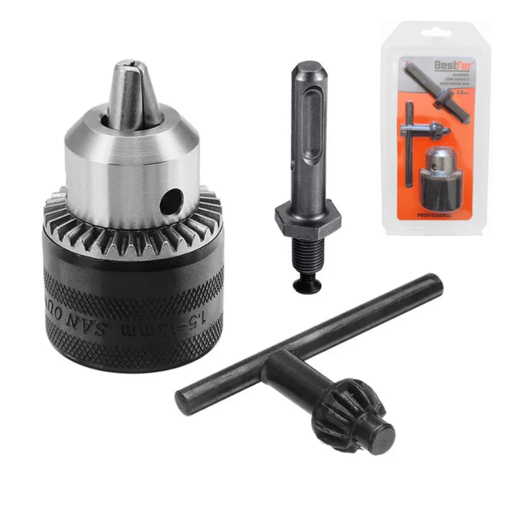 Kit Mandril 13mm com Chave e Adaptador SDS – Rosca 1/2" Profissional - Bestfer