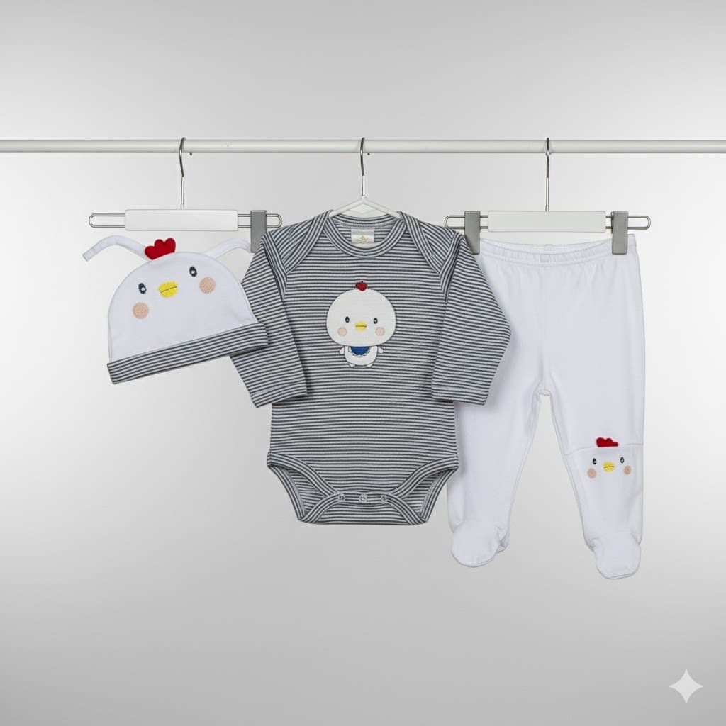Kit Body Manga Longa, Calça e Touca Estampa Pintinho - Best Club Baby