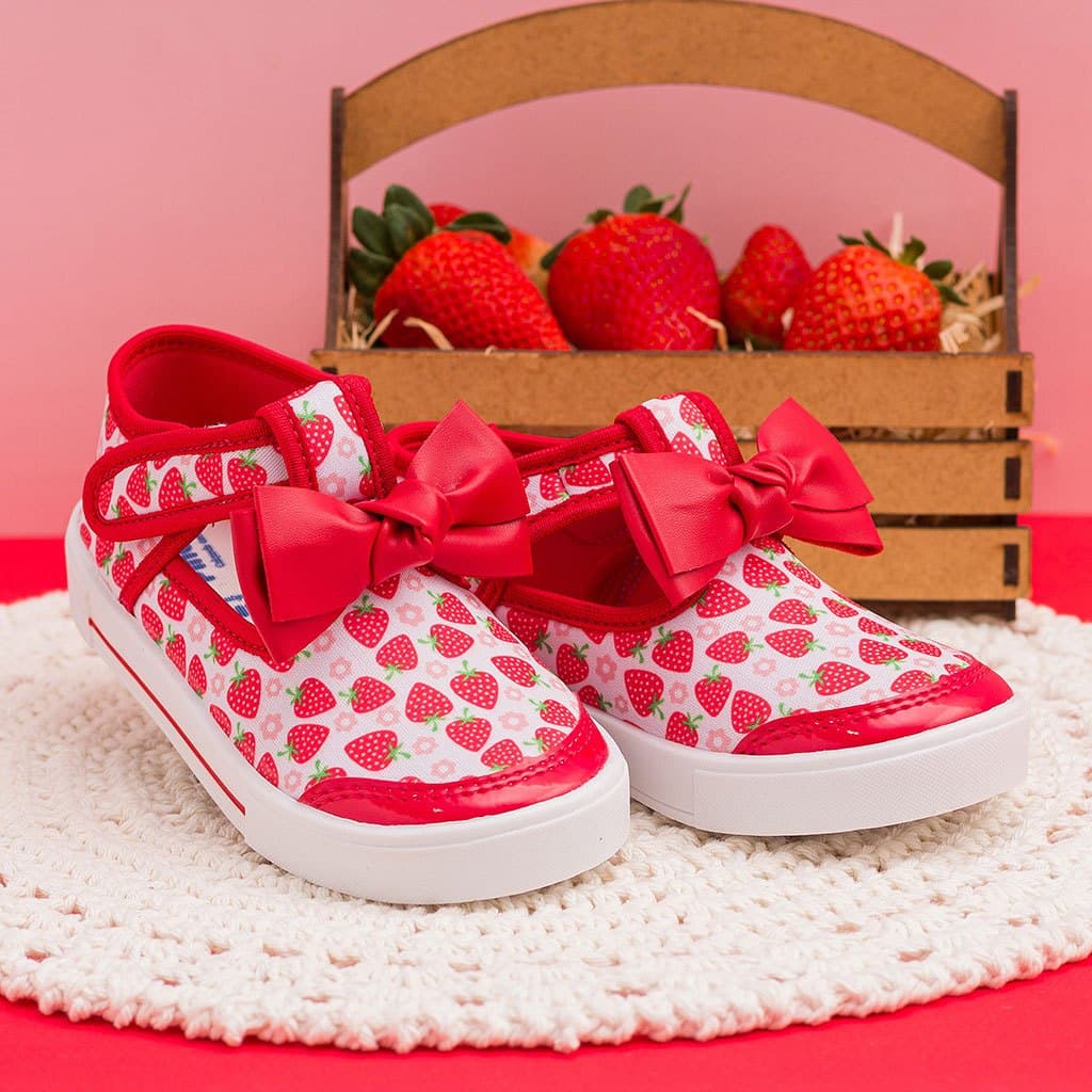 Tênis Infantil Feminino Pinokio Moranguinho Com Laço