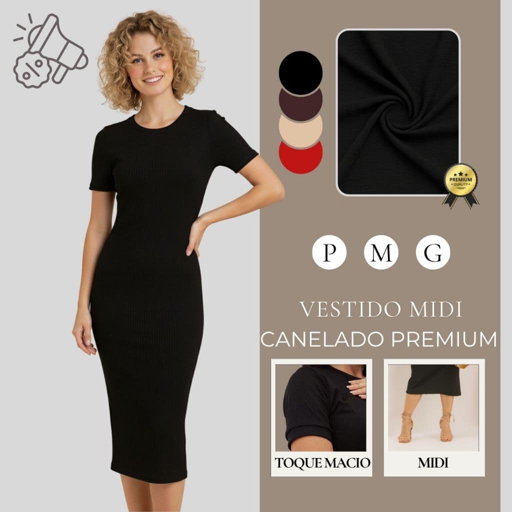 Vestido Midi Casual Feminino Básico Slim Moda Blogueira Trabalho Dia a Dia Passeio Gola Redonda