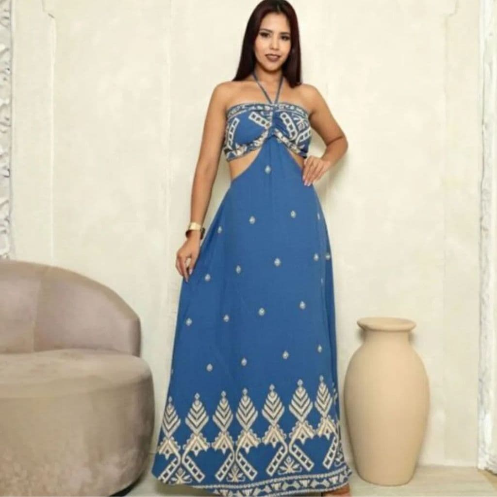 Vestido Longo Feminino Estampado No Tecido Duna Com Abertura Lateral E Cordão Ajustável GG