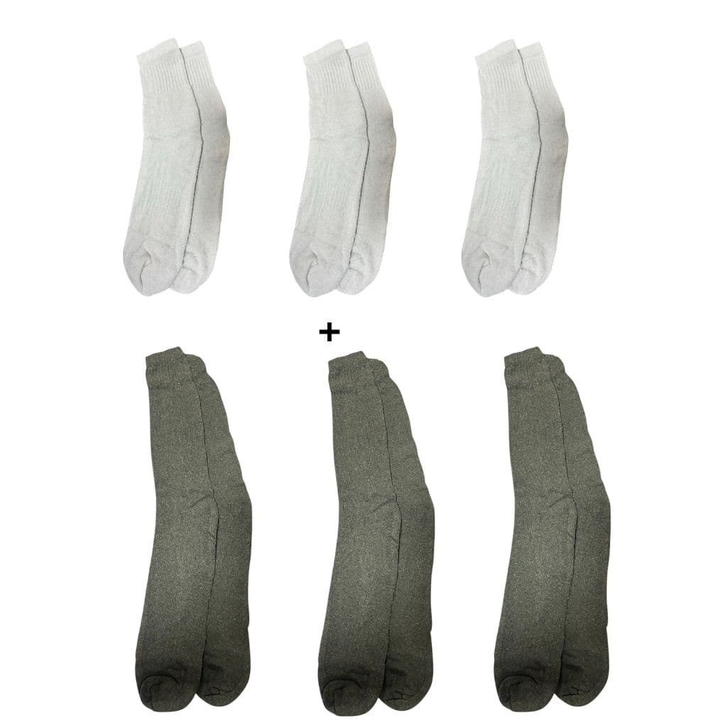 Kit 3 meias brancas cano médio + 3 meias verde oliva cano longo