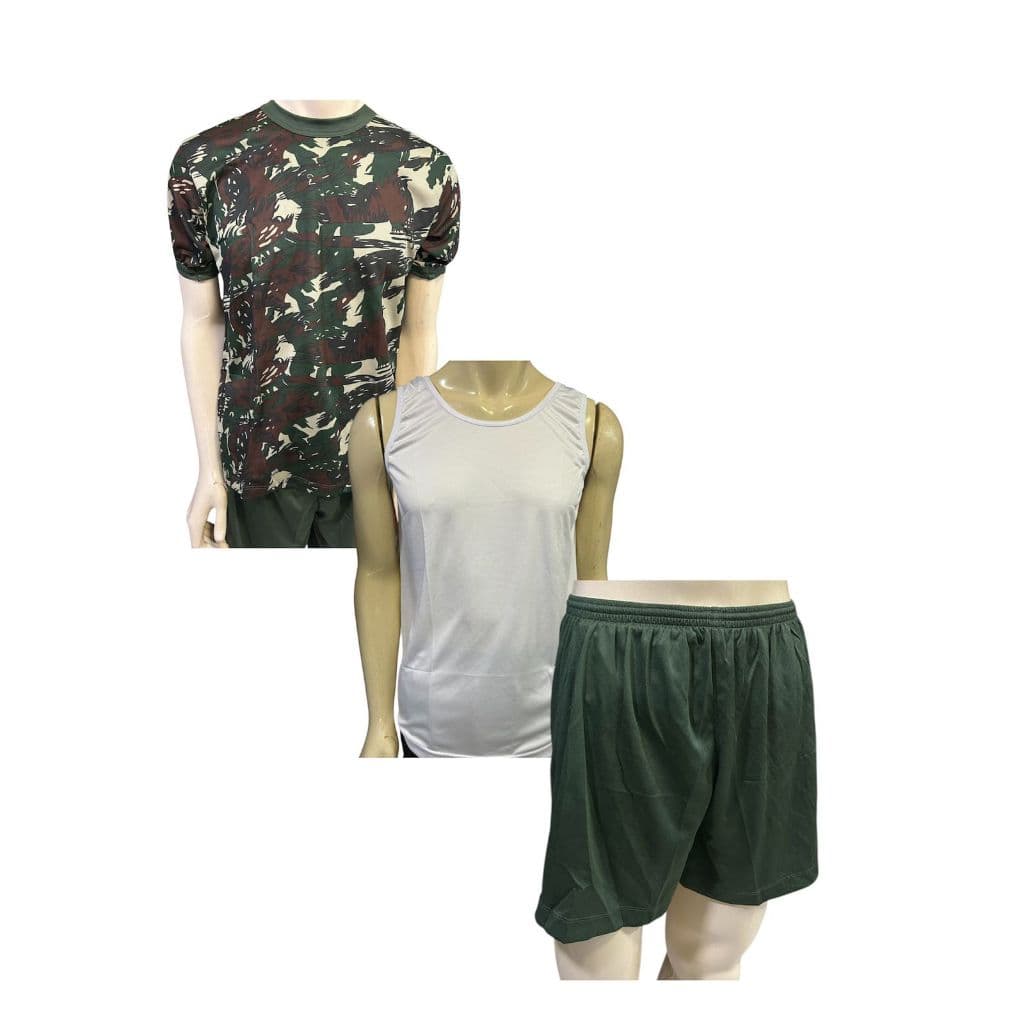 Kit camisa camuflada + regata branca + short tfm padrão exercito brasileiro