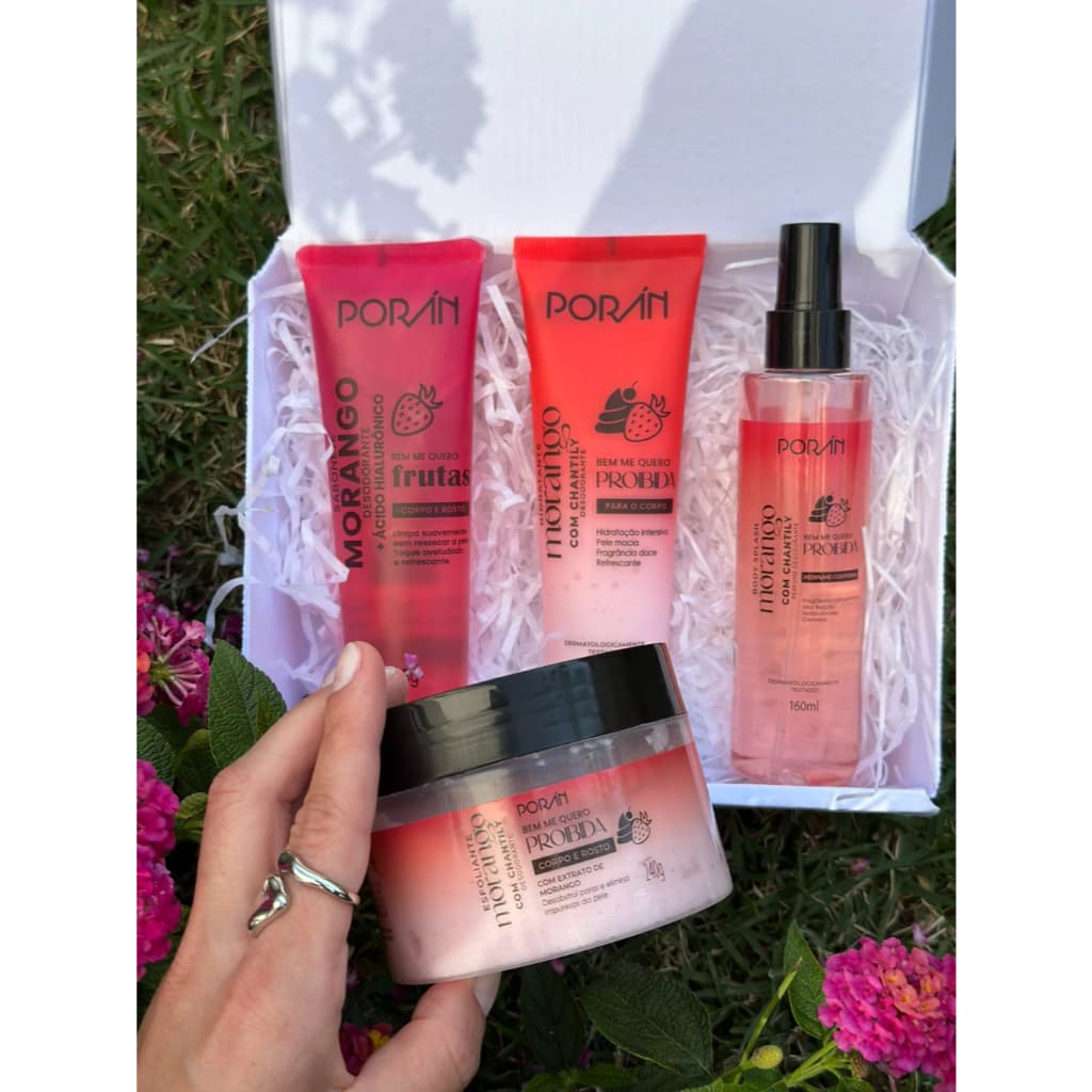 Kit Poran Morango - Body Splash , Creme Hidratante, Sabonete Liquido e Esfoliante Corporal