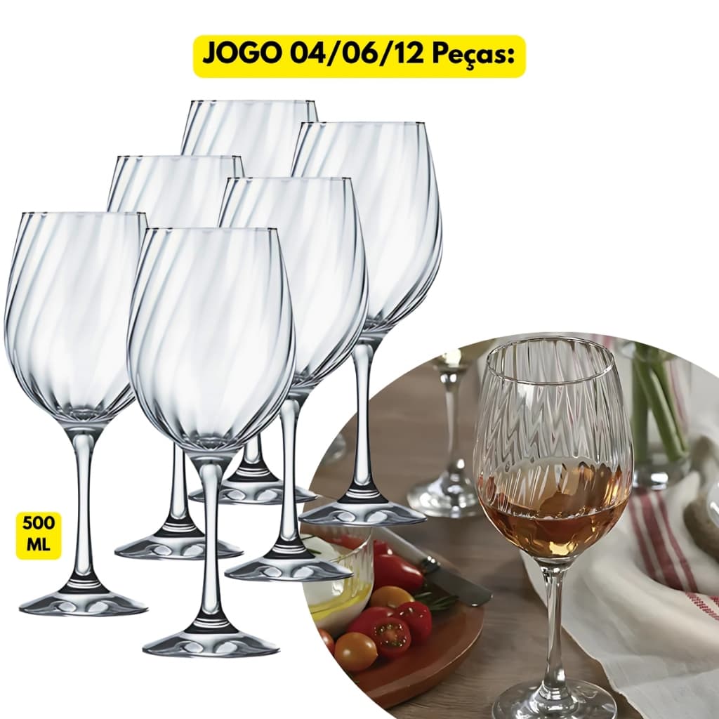 Jogo Kit 04/06/12 Taças Vinho Vidro 500ML Ravena Chique Luxo Restaurante Servir Hotel Bebidas Drink