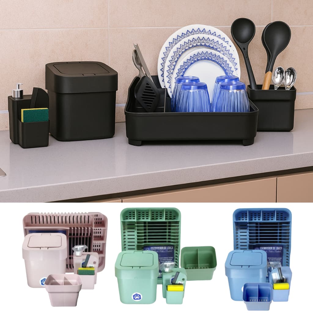 Kit Pia De Cozinha Completo Lixeira Escorredor Dispenser Porta Deterente Rodinho Escorredor De Talher Louça Resistente