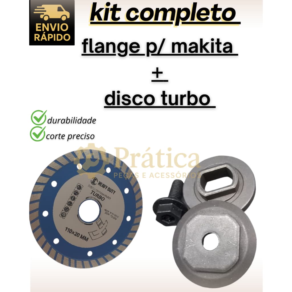 Kit de Flange + Parafuso + Disco Turbo 110mm p/ Serra Mármore Makita 4100NH / 4100NS / 4100NH2 / MT410 entre outros