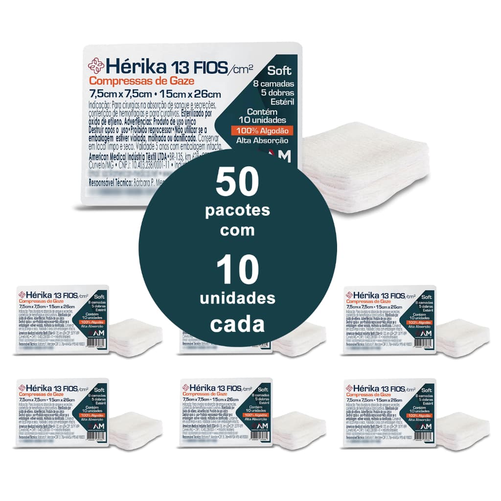 Compressa gaze Hidrófila Estéril Cirúrgica Para Curativo Feridas 13 Fios 7,5cm x 7,5cm - 500 Und