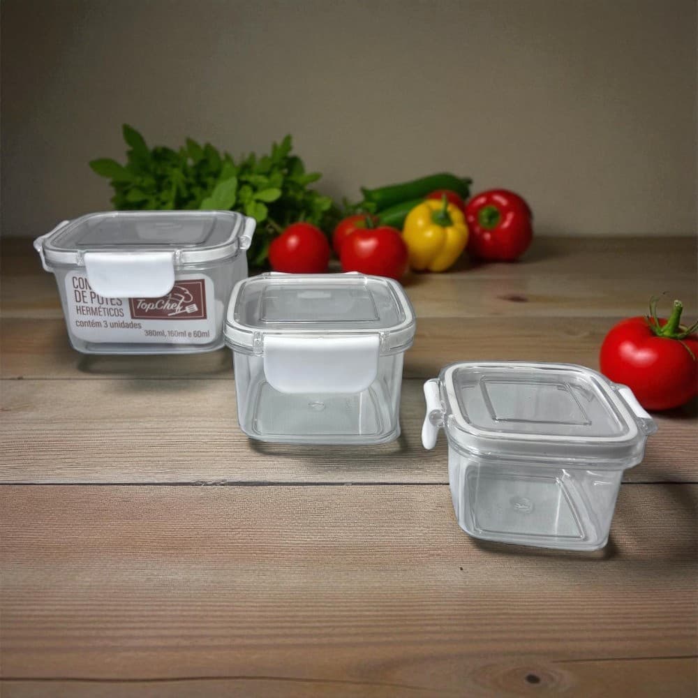 Kit 3 Potes Herméticos Quadrados – Conservação e Organização Perfeita