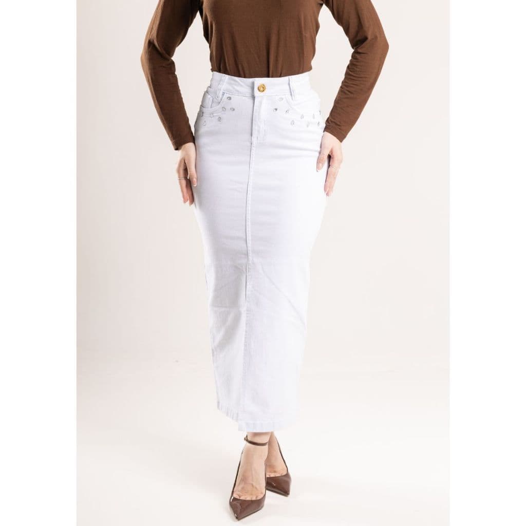 Saia Branca Em Brim Secretária Com Brilhos Frontais Moda Evangélica Feminina Estilosa (REF. 1208)