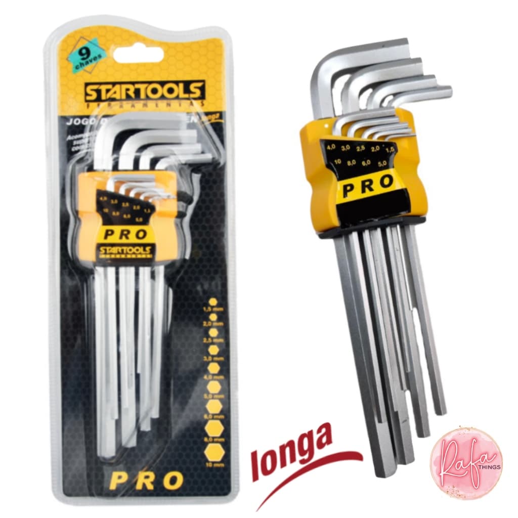 Jogo de chave Allen kit  9 chaves haste longa e suporte clip - Aço Carbono Linha PRO Chave hexagonal